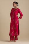 Buy_KORA_Fuchsia Kurta And Pant Silk Embroidered Zari Round Contrast Hem Straight Set _Online_at_Aza_Fashions