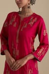 KORA_Fuchsia Kurta And Pant Silk Embroidered Zari Round Contrast Hem Straight Set _at_Aza_Fashions