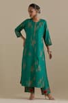 KORA_Green Kurta And Pant Silk Embroidered Zari Round Contrast Hem Straight Set _Online_at_Aza_Fashions