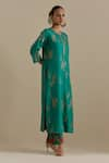 Buy_KORA_Green Kurta And Pant Silk Embroidered Zari Round Contrast Hem Straight Set _Online_at_Aza_Fashions