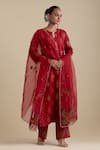 Buy_KORA_Red Kurta And Pant Silk Embroidered Zari Notched Round Neck Set _at_Aza_Fashions