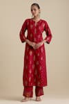 KORA_Red Kurta And Pant Silk Embroidered Zari Notched Round Neck Set _Online_at_Aza_Fashions