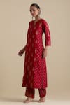 Buy_KORA_Red Kurta And Pant Silk Embroidered Zari Notched Round Neck Set _Online_at_Aza_Fashions