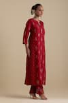 Shop_KORA_Red Kurta And Pant Silk Embroidered Zari Notched Round Neck Set _Online_at_Aza_Fashions