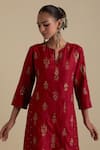 KORA_Red Kurta And Pant Silk Embroidered Zari Notched Round Neck Set _at_Aza_Fashions