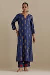 KORA_Blue Kurta And Pant Silk Embroidered Zari Notched Round Neck Set _Online_at_Aza_Fashions