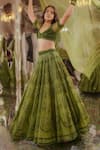 Shop_TUHINA SRIVASTAVA_Green Silk Velvet Embroidered Stone Leaf Floral Lehenga Set _Online_at_Aza_Fashions