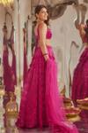 TUHINA SRIVASTAVA_Pink Silk Velvet Embroidered Bead Plunge Floral Lehenga Blouse Set _Online_at_Aza_Fashions