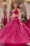 Buy_TUHINA SRIVASTAVA_Pink Silk Velvet Embroidered Bead Plunge Floral Lehenga Blouse Set _Online_at_Aza_Fashions