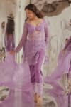 Shop_TUHINA SRIVASTAVA_Purple Tulle Embroidered Patchwork Plunge Front Cut-out Short Kurta Pant Set _at_Aza_Fashions