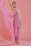 Buy_TUHINA SRIVASTAVA_Pink Tulle Embroidery Floral Asymmetric Neck Abstract Kurta Pant Set _Online_at_Aza_Fashions