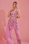 Shop_TUHINA SRIVASTAVA_Pink Tulle Embroidery Floral Asymmetric Neck Abstract Kurta Pant Set _Online_at_Aza_Fashions