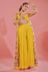 Buy_TUHINA SRIVASTAVA_Yellow Tulle Embroidery Floral Jacket Open Neck Blossom And Sharara Set _at_Aza_Fashions