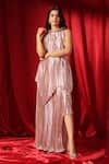 Buy_B'Infinite_Pink Satin High Round Metallic Pleated Asymmetric Gown _at_Aza_Fashions