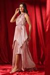 Shop_B'Infinite_Pink Satin High Round Metallic Pleated Asymmetric Gown _Online_at_Aza_Fashions