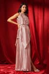 B'Infinite_Pink Satin High Round Metallic Pleated Asymmetric Gown _at_Aza_Fashions