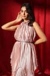 Buy_B'Infinite_Pink Satin High Round Metallic Pleated Asymmetric Gown 