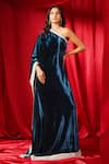 Buy_B'Infinite_Blue Velvet Embellished One-shoulder Celestial Dress _at_Aza_Fashions