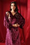 Shop_B'Infinite_Maroon Velvet Embellished V Neck Rasin Draped Dress _Online_at_Aza_Fashions