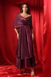 Buy_B'Infinite_Wine Organza V Neck Rasin Aura Draped Flared Dress _at_Aza_Fashions