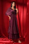 Shop_B'Infinite_Wine Organza V Neck Rasin Aura Draped Flared Dress _Online_at_Aza_Fashions