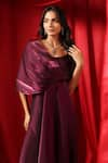 B'Infinite_Wine Organza V Neck Rasin Aura Draped Flared Dress _at_Aza_Fashions