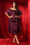 Buy_B'Infinite_Wine Organza Off-shoulder Rasin Cascade Elegance Dress _at_Aza_Fashions