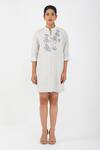 Buy_Diva by Sangeeta Ranka_Grey Irish Linen Embroidered Thread Mandarin Collar Floral Shirt Dress _at_Aza_Fashions