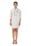 Buy_Diva by Sangeeta Ranka_Grey Irish Linen Embroidered Thread Mandarin Collar Floral Shirt Dress _Online_at_Aza_Fashions