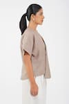 Buy_Diva by Sangeeta Ranka_Brown Irish Linen Plain V Neck Pintuck Asymmetric Shirt _Online_at_Aza_Fashions