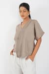 Shop_Diva by Sangeeta Ranka_Brown Irish Linen Plain V Neck Pintuck Asymmetric Shirt _Online_at_Aza_Fashions