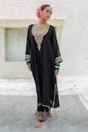 Buy_Pants and Pajamas_Black Embroidery Floral Round Neck Yoke Kurta With Pant _Online_at_Aza_Fashions