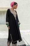 Shop_Pants and Pajamas_Black Embroidery Floral Round Neck Yoke Kurta With Pant _Online_at_Aza_Fashions