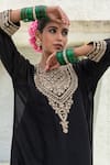 Pants and Pajamas_Black Embroidery Floral Round Neck Yoke Kurta With Pant _at_Aza_Fashions