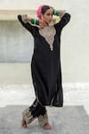 Buy_Pants and Pajamas_Black Embroidery Floral Round Neck Yoke Kurta With Pant _at_Aza_Fashions