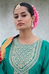 Pants and Pajamas_Green Embroidery Floral Round Neck Flower Yoke Kurta With Pant _Online_at_Aza_Fashions