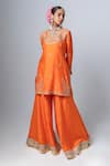 Buy_Pants and Pajamas_Orange Embroidery Floral Round Neck Flower Kurta With Sharara _at_Aza_Fashions