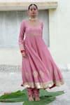 Buy_Pants and Pajamas_Pink Embroidery Floral U Neck Silk Chanderi Anarkali With Churidar _Online_at_Aza_Fashions