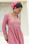 Shop_Pants and Pajamas_Pink Embroidery Floral U Neck Silk Chanderi Anarkali With Churidar _Online_at_Aza_Fashions