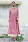 Buy_Pants and Pajamas_Pink Embroidery Floral U Neck Silk Chanderi Anarkali With Churidar _at_Aza_Fashions