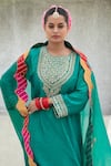 Pants and Pajamas_Green Embroidery Floral Round Neck Flower Yoke Kurta Pant Set _Online_at_Aza_Fashions