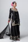 Buy_Pants and Pajamas_Black Embroidery Floral Round Neck Kurta Sharara Set _Online_at_Aza_Fashions