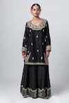 Shop_Pants and Pajamas_Black Embroidery Floral Round Neck Kurta Sharara Set 