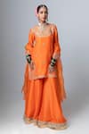 Buy_Pants and Pajamas_Orange Embroidery Floral Round Neck Flower Kurta Sharara Set _at_Aza_Fashions