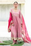 Buy_Pants and Pajamas_Pink Embroidery Floral U Neck Silk Chanderi Anarkali Churidar Set _Online_at_Aza_Fashions