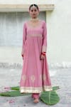 Pants and Pajamas_Pink Embroidery Floral U Neck Silk Chanderi Anarkali Churidar Set _at_Aza_Fashions