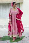 Buy_Pants and Pajamas_Pink Embroidery Floral U Neck Silk Chanderi Anarkali Churidar Set _at_Aza_Fashions