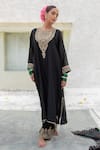 Pants and Pajamas_Black Silk Chanderi Embroidery Sequin Round Yoke Kurta _Online_at_Aza_Fashions