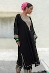 Buy_Pants and Pajamas_Black Silk Chanderi Embroidery Sequin Round Yoke Kurta _Online_at_Aza_Fashions