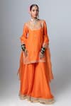 Pants and Pajamas_Orange Silk Chanderi Embroidery Sequin Cutwork Floral Kurta _Online_at_Aza_Fashions